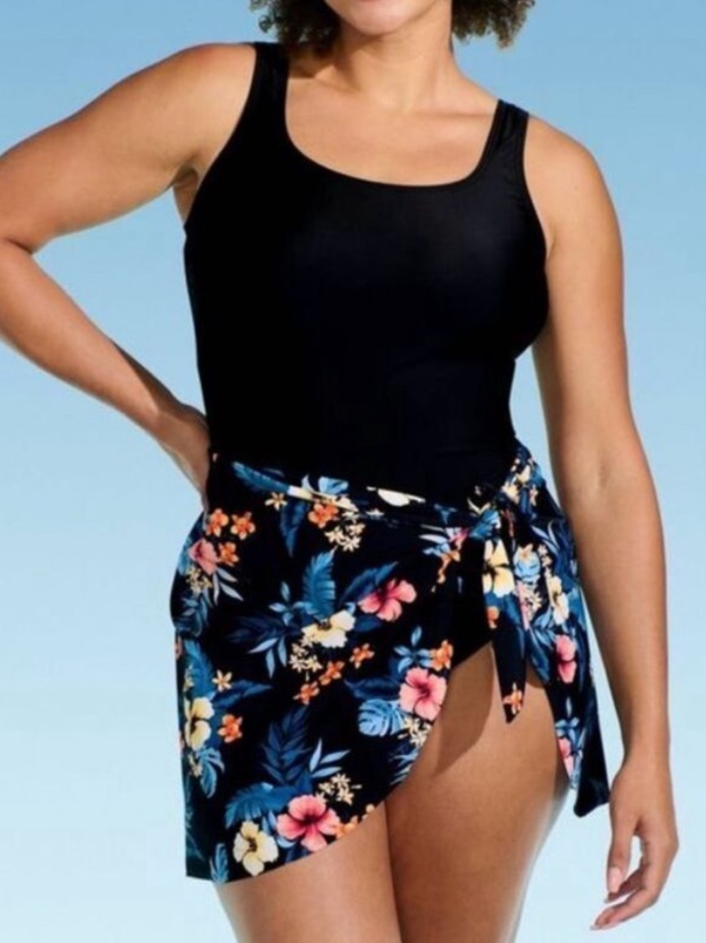 Lands' End Black One-Piece Swimsuit with Tropical Floral Sarong, Size XS,‎ NWT